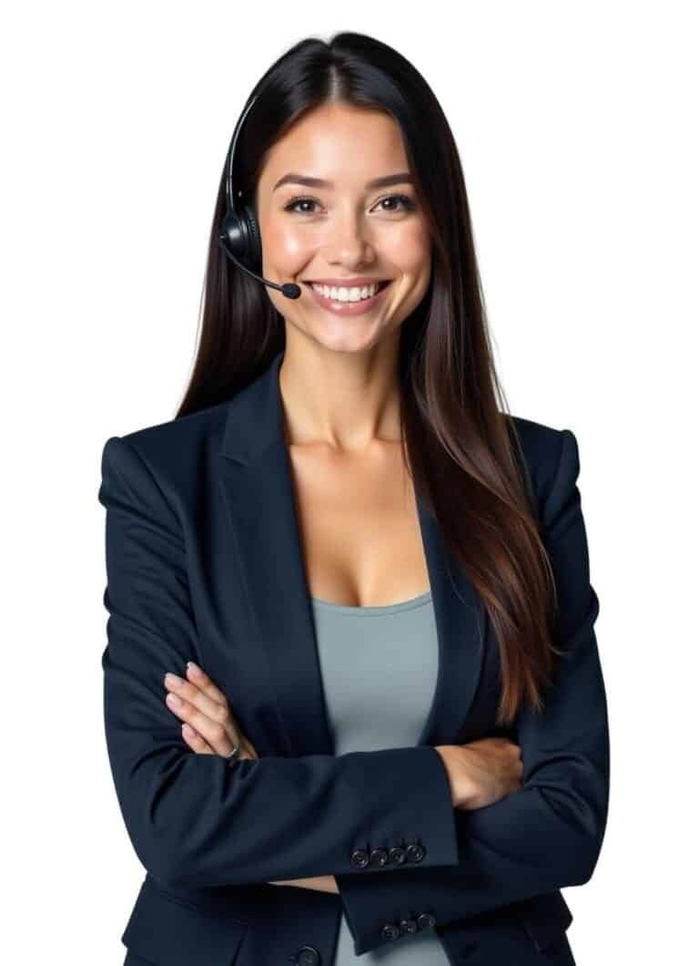 Home 29 Professional female data append consultant in business attire wearing headset, ready to assist with database enhancement services