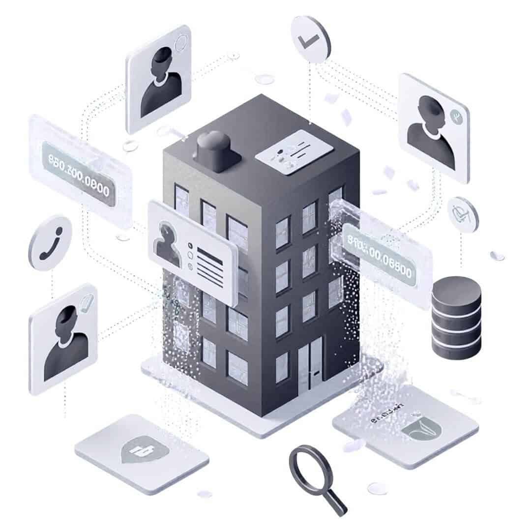 Home 15 Isometric business building with floating phone contact cards showing commercial phone append data processing, verification icons, and phone number matching on black background