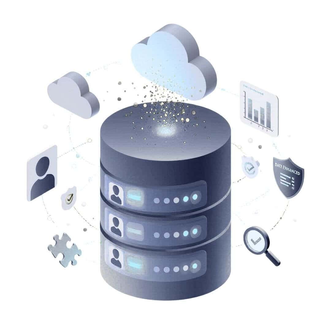 Data enhancement service illustration featuring multi-tier database server with customer profiles, surrounded by cloud storage, analytics charts, magnifying glass for validation, and DATA ENHANCED security shield