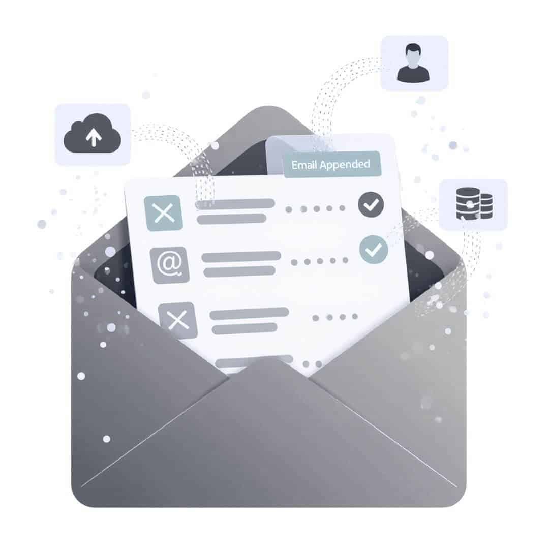 Email appending service illustration showing envelope with customer contact list being updated with verified email addresses, connected to cloud storage and database icons