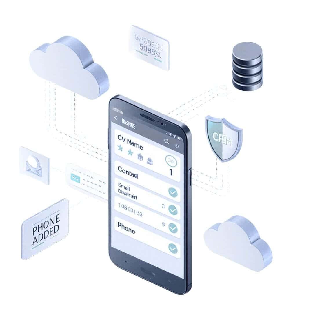Phone appending service illustration showing smartphone with customer contact database being updated with verified phone numbers and checkmark validation symbols