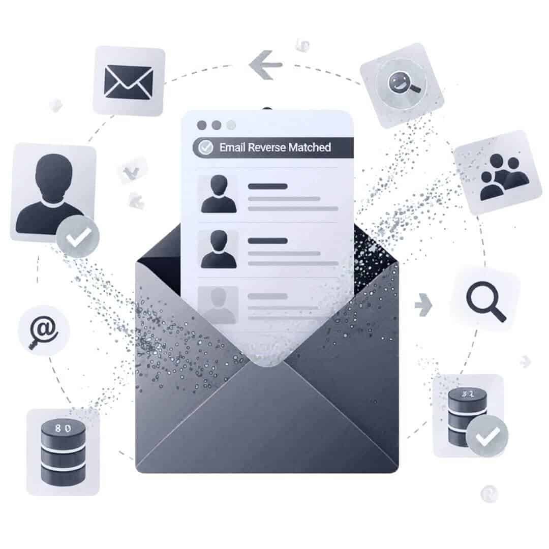 Home 14 Email envelope with emerging customer profile list showing reverse email append matching process, surrounded by database, search, and verification icons on black background