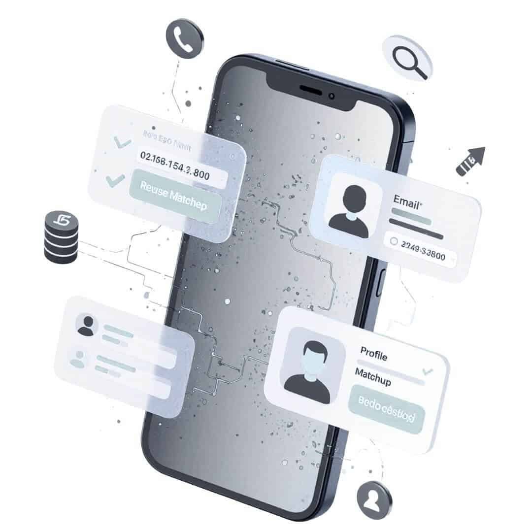 Home 13 Smartphone displaying data enhancement interface with floating profile cards showing email verification, contact matching, and database integration icons on black background