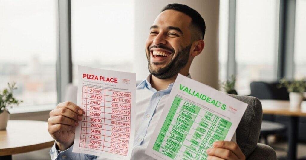 campaign strategist in a modern lounge area laughing while holding a small test batch printout 1 1