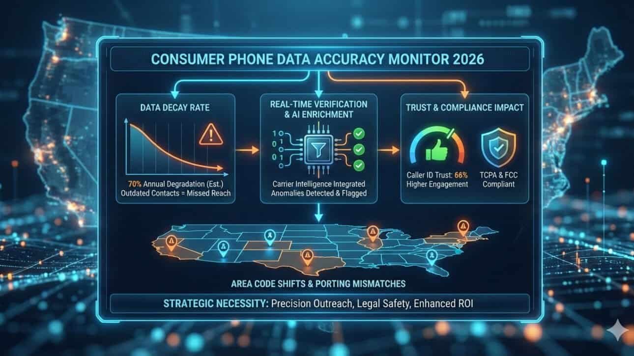 A digital infographic dashboard titled "Consumer Phone Data Accuracy Monitor 2026" displaying data decay rates, AI enrichment processes, caller ID trust meters, and a U.S. map highlighting area code shifts and number porting.