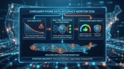 A digital infographic dashboard titled "Consumer Phone Data Accuracy Monitor 2026" displaying data decay rates, AI enrichment processes, caller ID trust meters, and a U.S. map highlighting area code shifts and number porting.