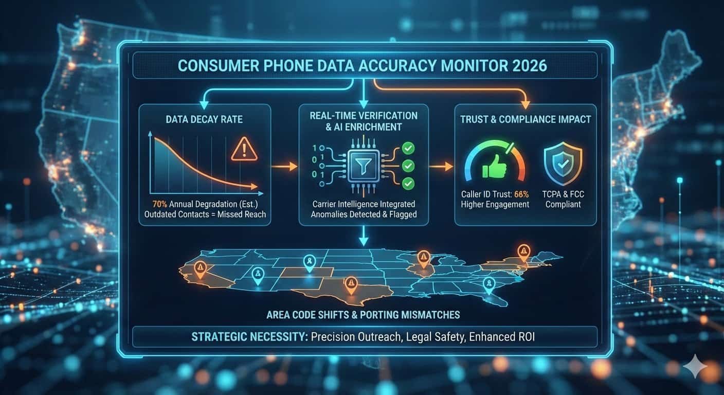 A digital infographic dashboard titled "Consumer Phone Data Accuracy Monitor 2026" displaying data decay rates, AI enrichment processes, caller ID trust meters, and a U.S. map highlighting area code shifts and number porting.